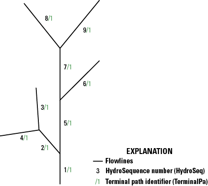 Each flowline shown has a terminal path identifier of 1. Each flowline has a unique
HydroSequence number from 1 to 9.