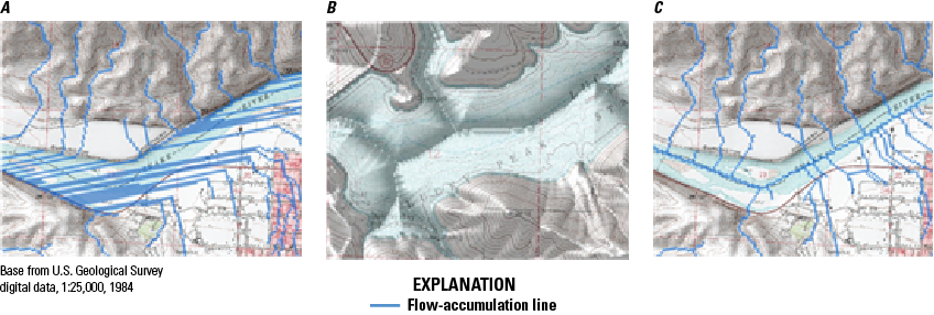 Application of the bathymetric gradient replaces numerous flow-accumulation lines
that extend straight out from the river with fewer lines, which stay along the course
of the river and gradient.
