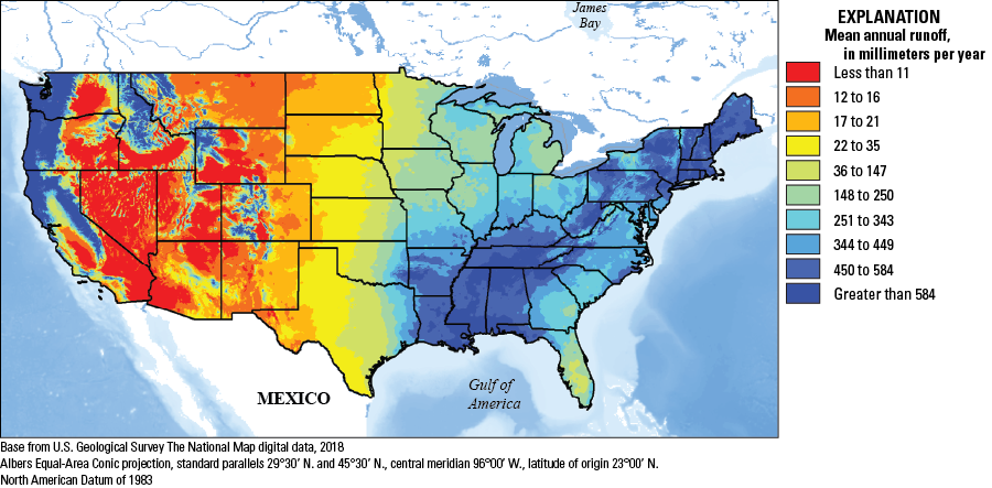 Ten ranges of mean annual runoff are shown, ranging from less than 11 millimeters
per year to greater than 584 millimeters per year.