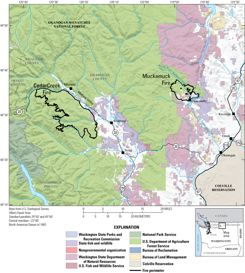 Map showing the fire perimeters of the 2021 Cedar Creek and Muckamuck Fires in and
                        around Okanogan County, Washington. Burned areas included Federal, Tribal, and State
                        lands.