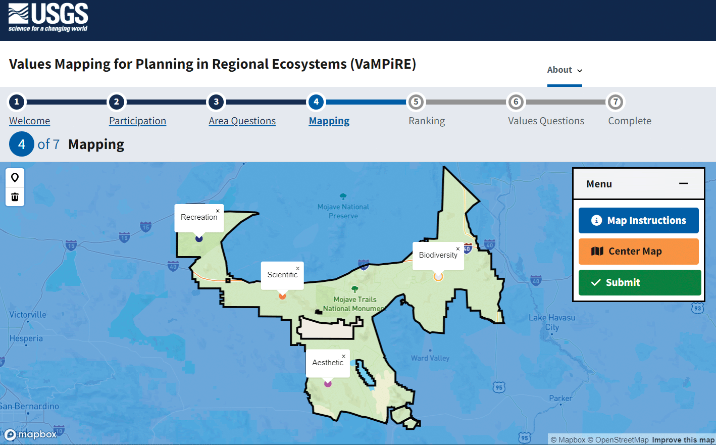 Mojave Trails National Monument is highlighted on the screenshot with four values
points placed on the interface.