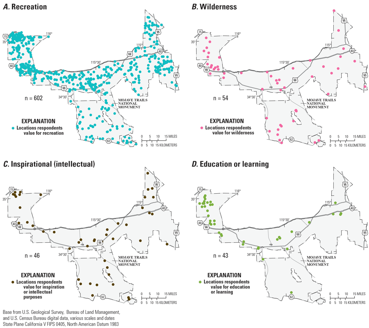 Sixteen panels show locations people value for each value type. Some values such as
recreation have many points; personal income opportunity and life sustaining have
few points.