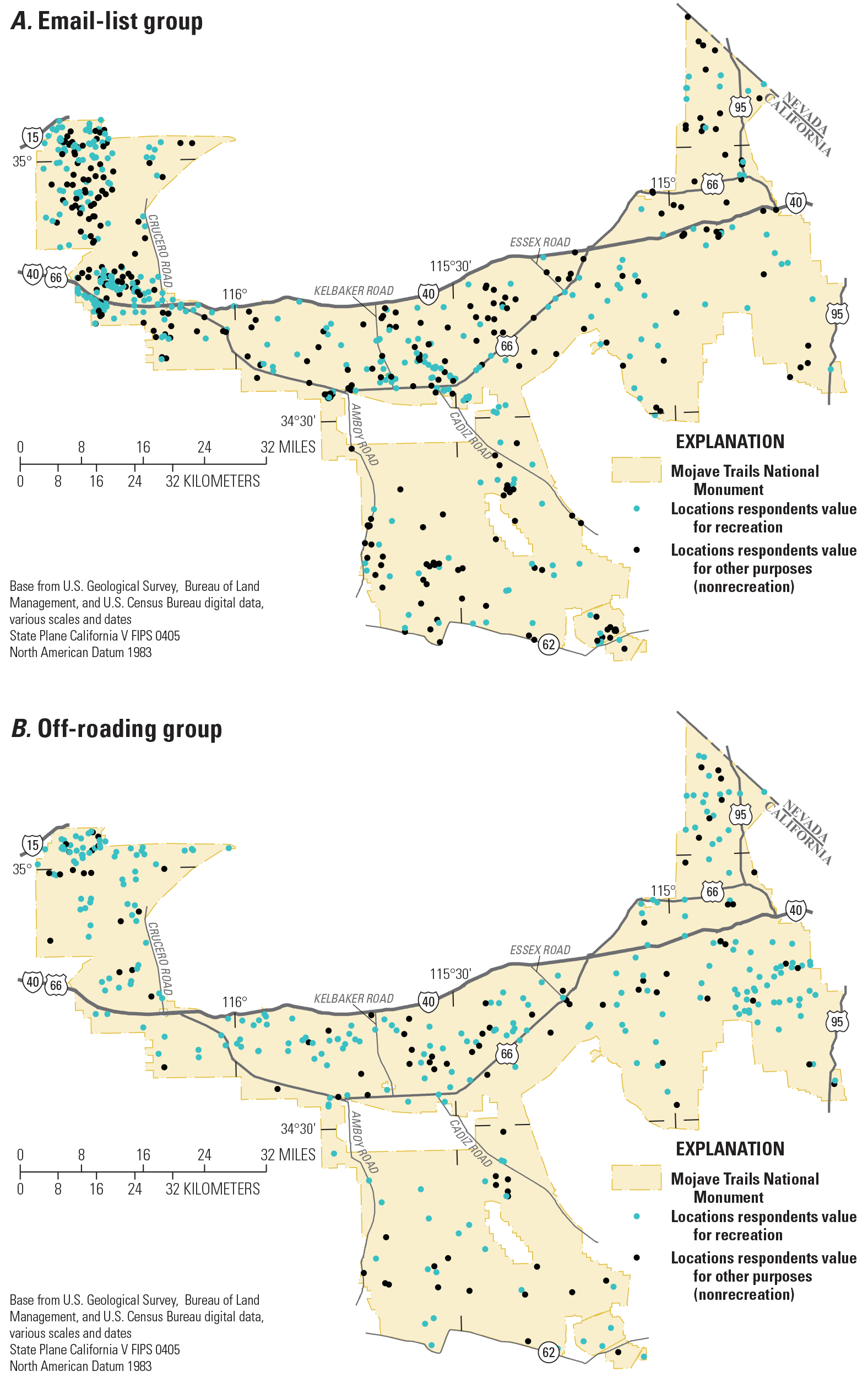 The off-roading group has a higher percentage of points that are recreation than email-list
respondents. Respondents from the email-list group show more clustering in the northwest
corner.
