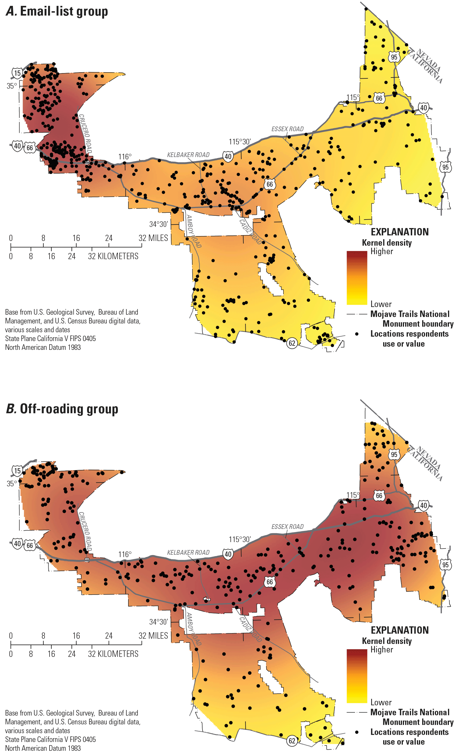 Hotspot analysis shows strong clustering in the northwest corner for email-list respondents;
the off-roading group has points spread out with less prevalent clustering.