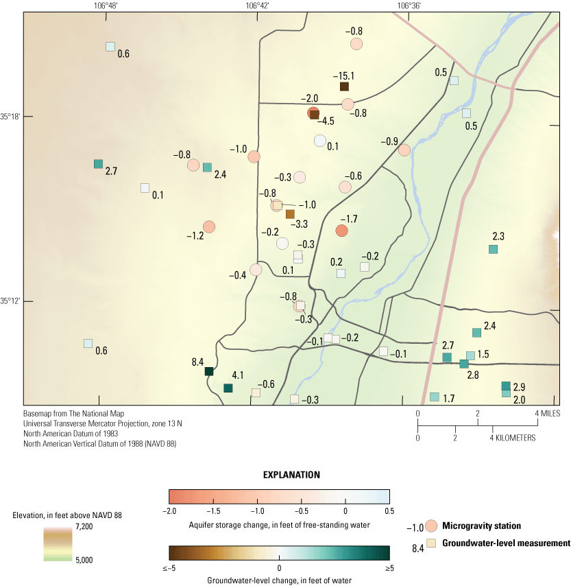In the study area, cumulative storage mostly decreased while groundwater levels increased,
                           remained steady, or decreased.