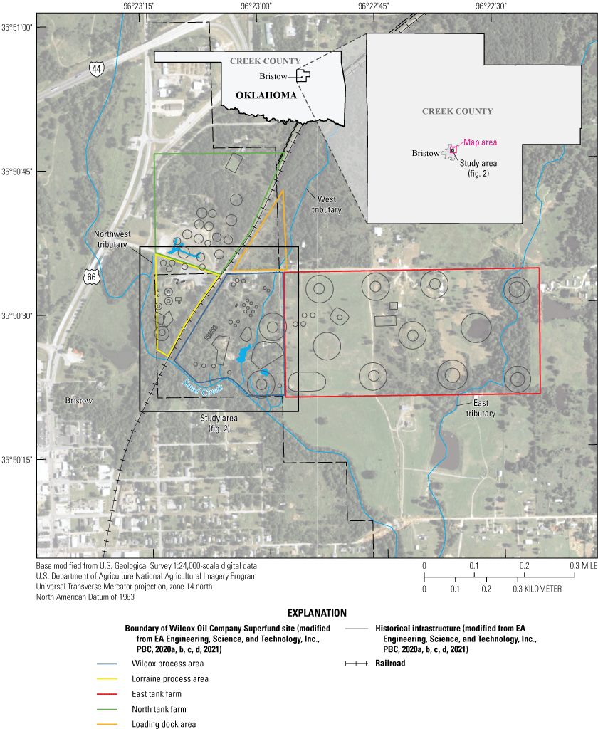 The five former major operational areas of the Wilcox Oil Company Superfund site are
in the northeastern outskirts of Bristow.