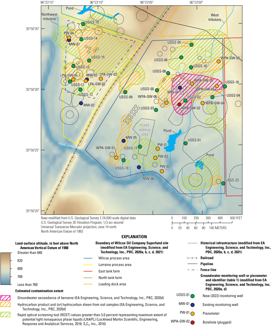 Groundwater monitoring wells and piezometers were installed throughout the Wilcox
and Lorraine process areas to capture the extent of contamination plumes.