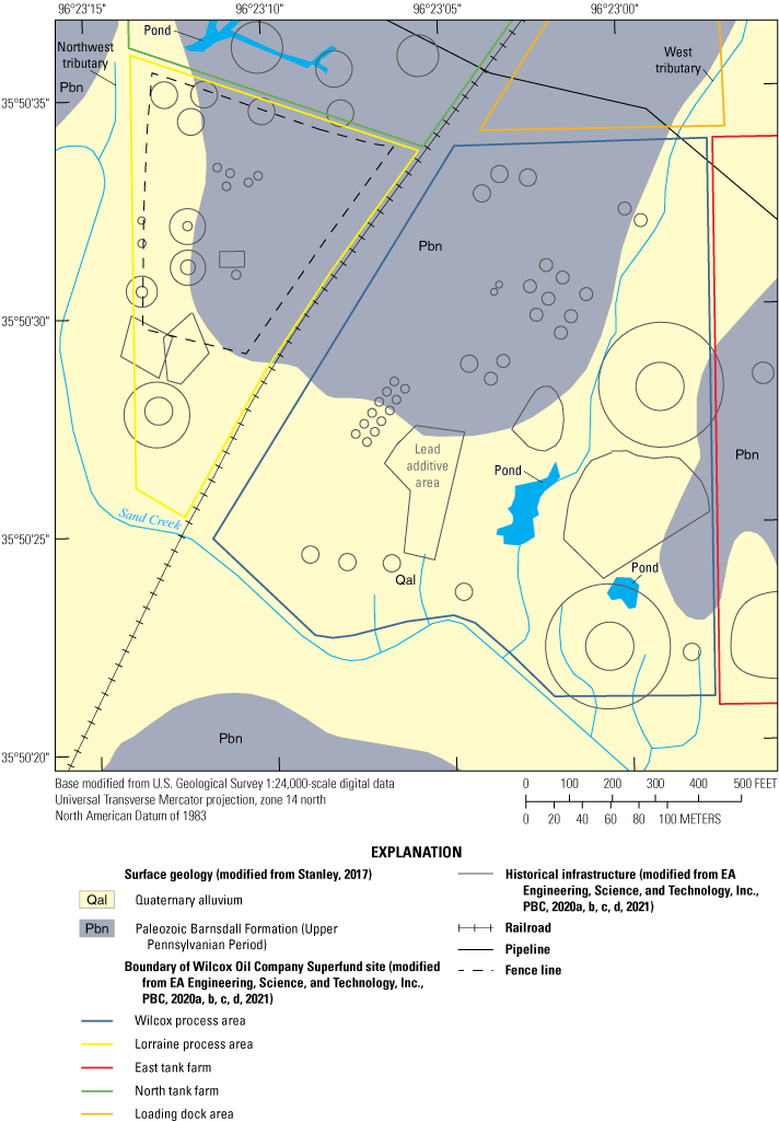 Alluvium is mapped near Sand Creek and its tributaries; the Barnsdall Formation is
mapped where the alluvium is not present.