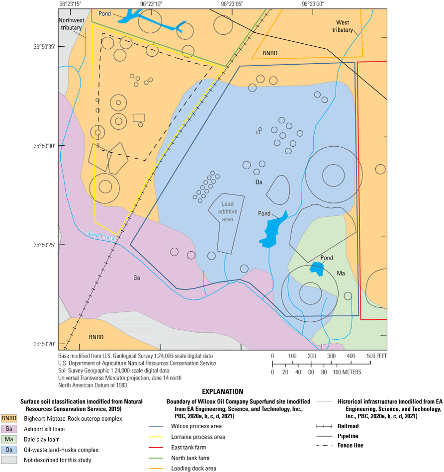 The Wilcox process area mostly contains the oil-waste land-Huska complex, areas in
which liquid oily waste has accumulated.