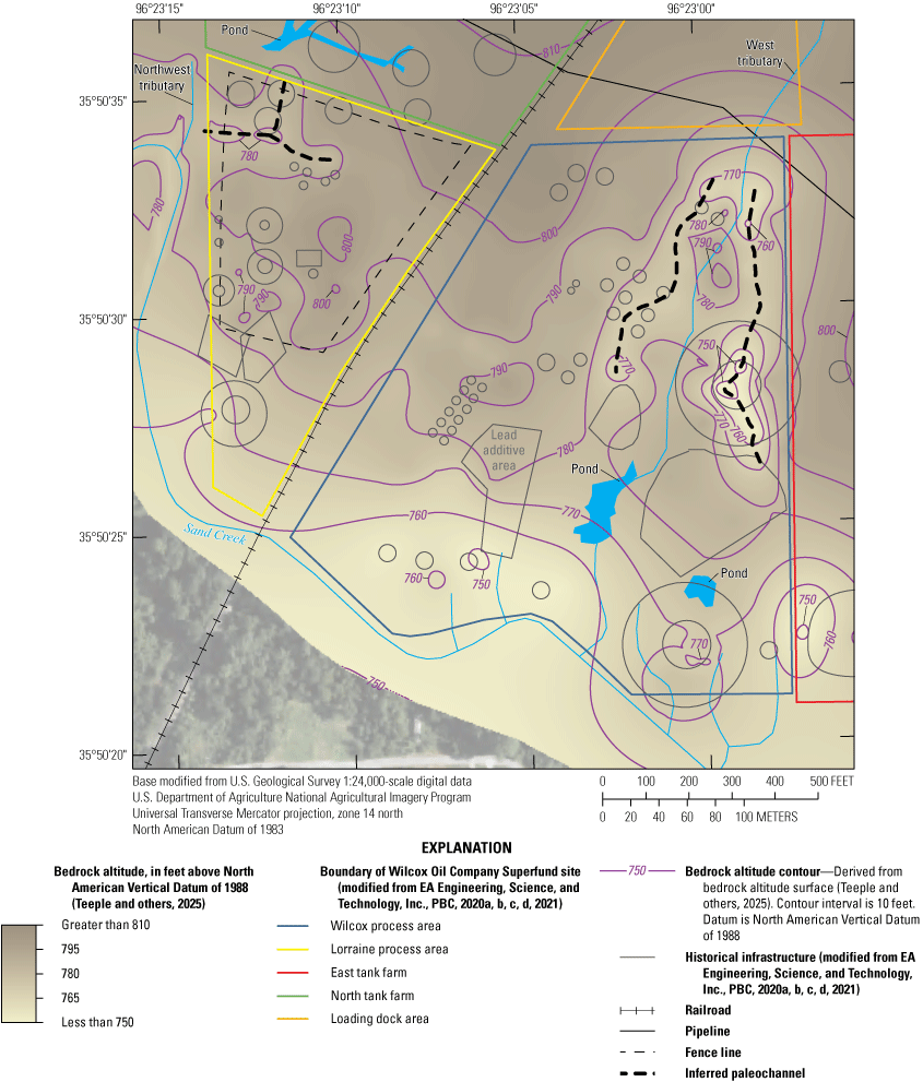 Inferred paleochannels are mapped in low altitude locations with two of them located
on either side of the west tributary.