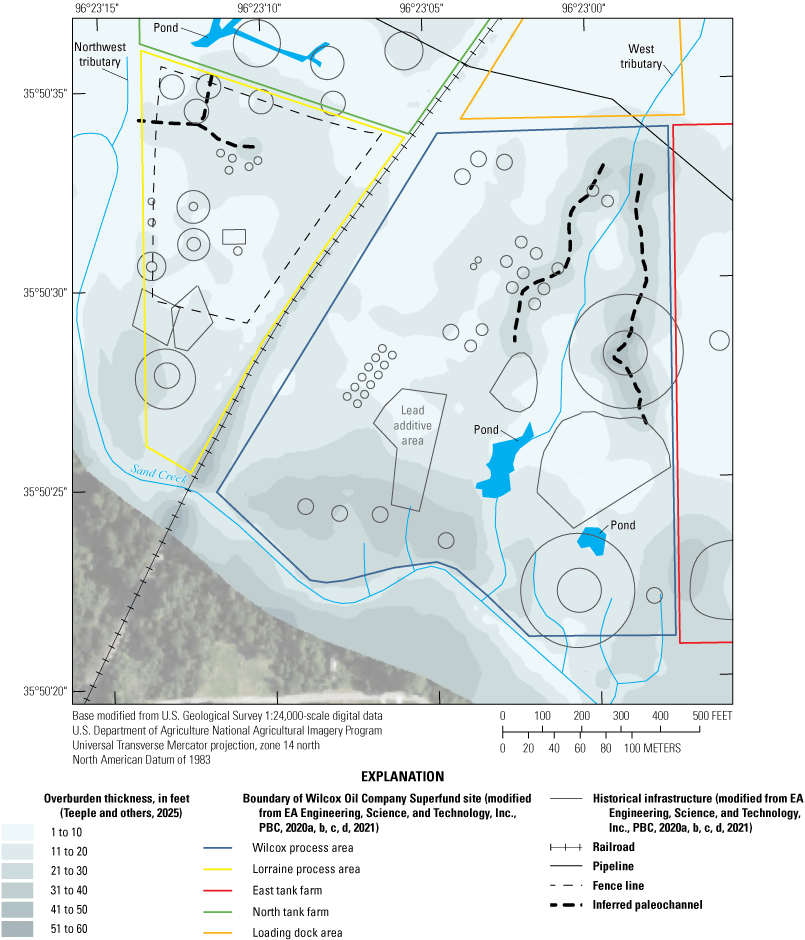The overburden is typically greater than 20 feet thick near Sand Creek and near the
locations of inferred paleochannels.