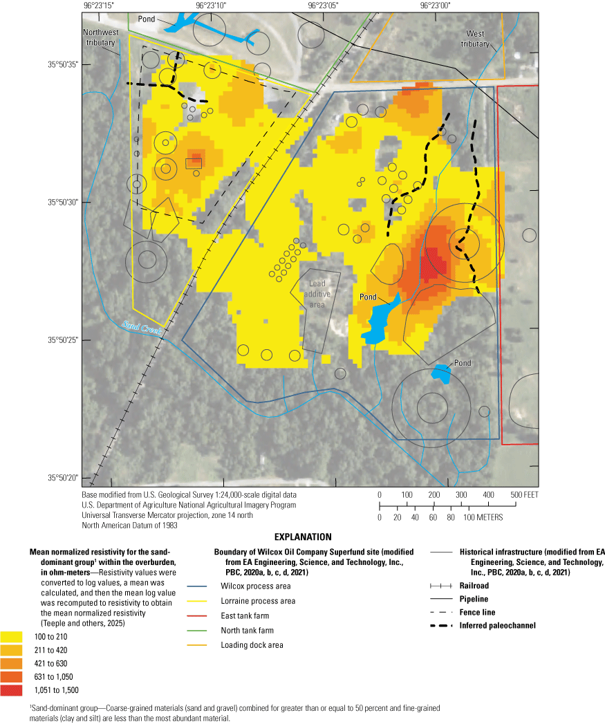 The mean normalized resistivity is typically greater than 210 ohm-meters near the
west tributary.
