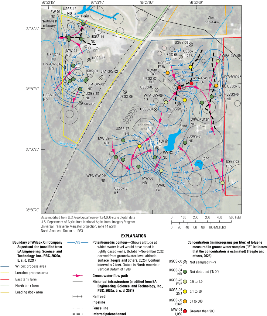 Concentrations of toluene greater than 50 micrograms per liter were typical in groundwater
samples in the northeast part of the study area.