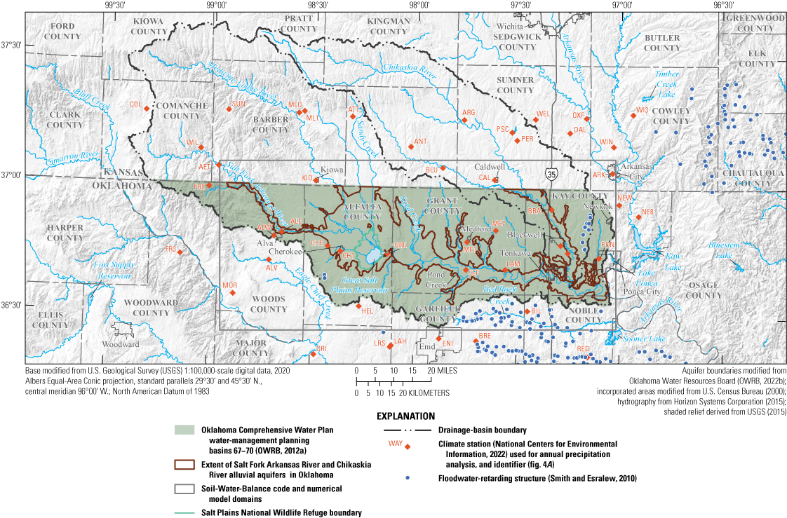 Data-collection stations and major geographic and surface-water features extend beyond
                     the extent of both alluvial aquifers.