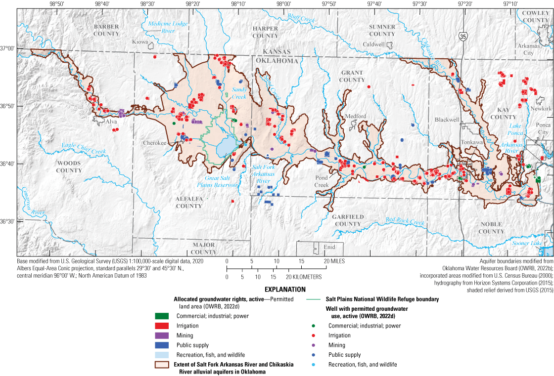 Land areas and wells permitted for groundwater use are located throughout the extent,
                        and near, both alluvial aquifers.