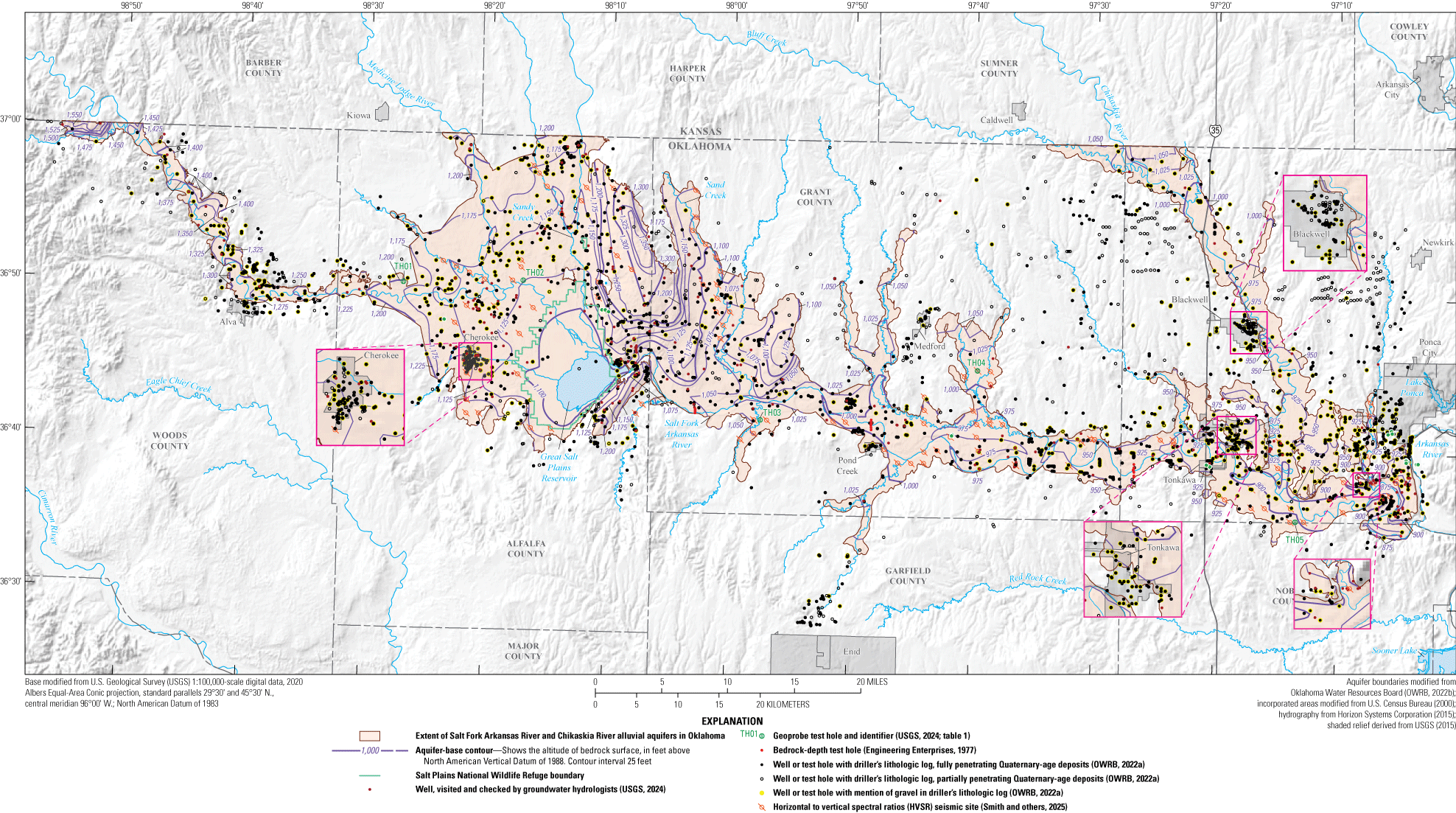Aquifer base altitude generally decreases from west to east, with a high northeast
                        of the Great Salt Plains Reservoir