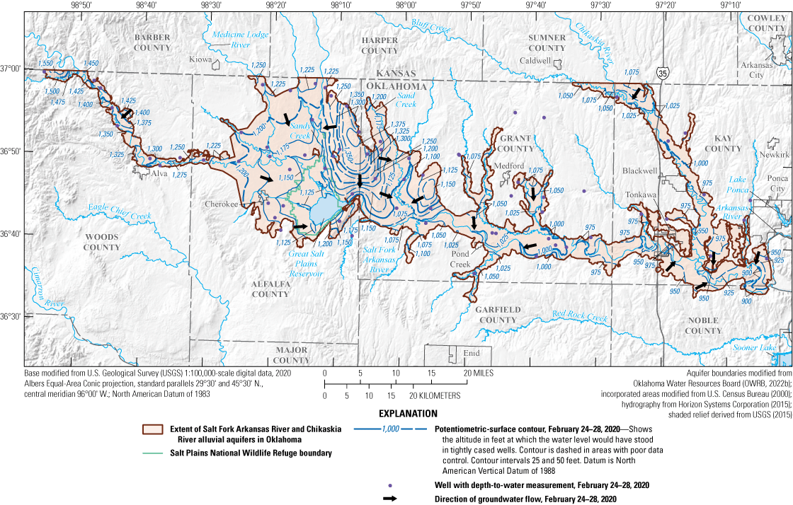 Groundwater flow is generally from west to east and from potentiometric highs toward
                        the main stem and its tributaries.