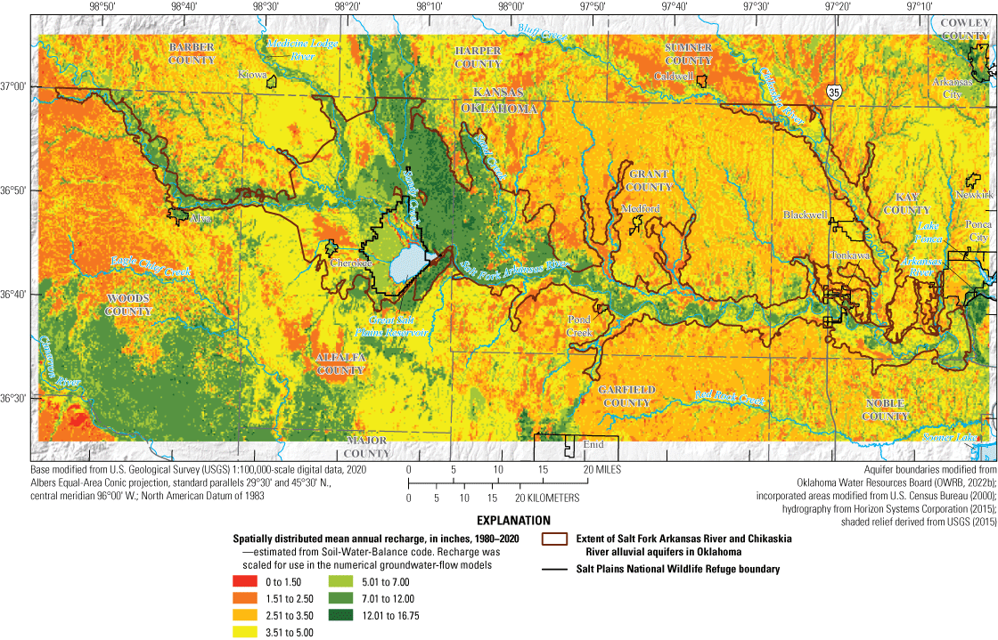 Annual recharge to the aquifer is higher in the Quaternary deposits and mostly decreases
                              with distance from the river.