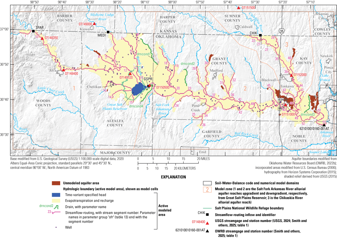 The streamflow routine, evapotranspiration and recharge area, wells, general-head
                        boundaries of active modeled area.