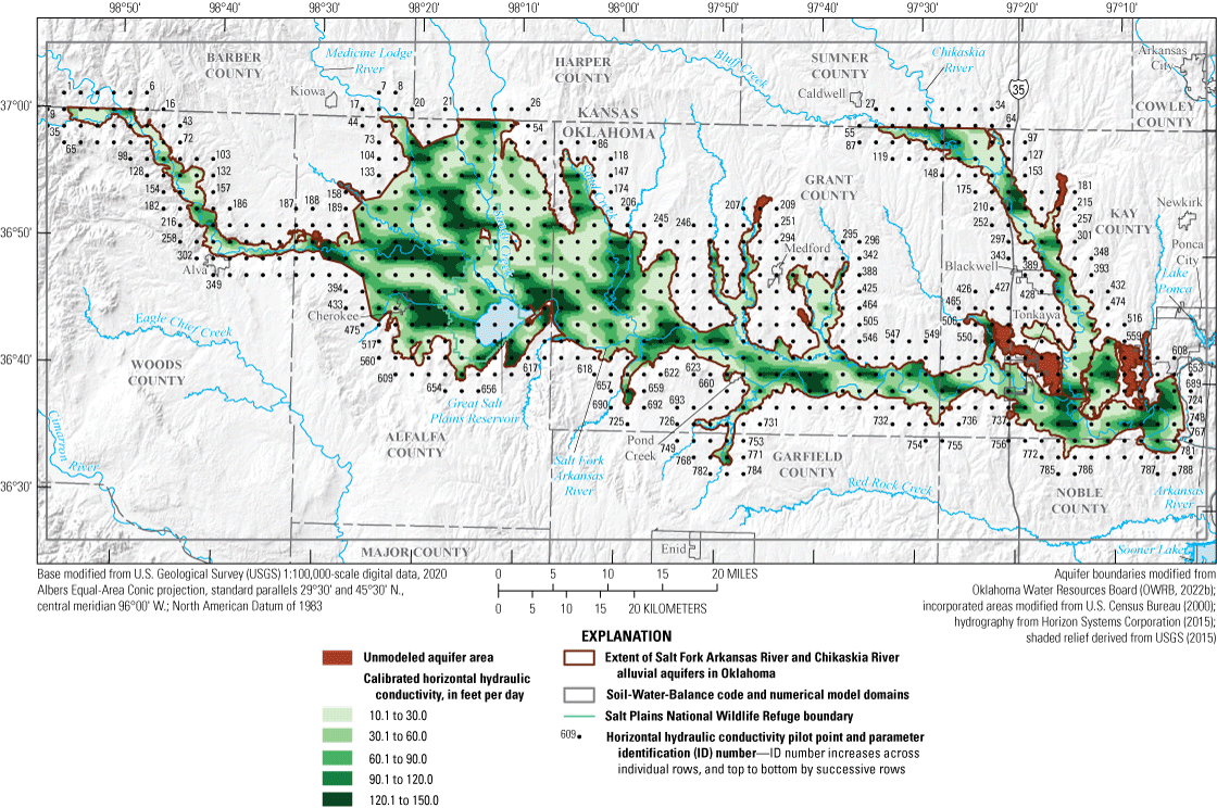 The highest horizontal hydraulic conductivity mainly occurs in the western part and
                           along spots near the river of the Salt Fork Arkansas River and Chikaskia River alluvial
                           aquifers.