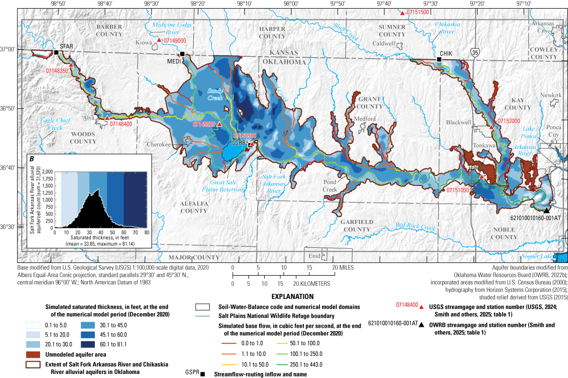 The Salt Fork Arkansas and Chikaskia River aquifers showing saturated thickness at
                        the end of the calibrated numerical modeling period, with the thickest areas occurring
                        in the western portions of the alluvial aquifer.