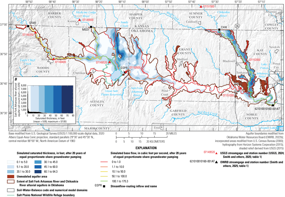 The simulated saturated thickness and base flow after 20 years of equal-proportionate-share
                        ground pumping is thickest in the dune sands and parts of the Chikaskia River alluvial
                        aquifer.