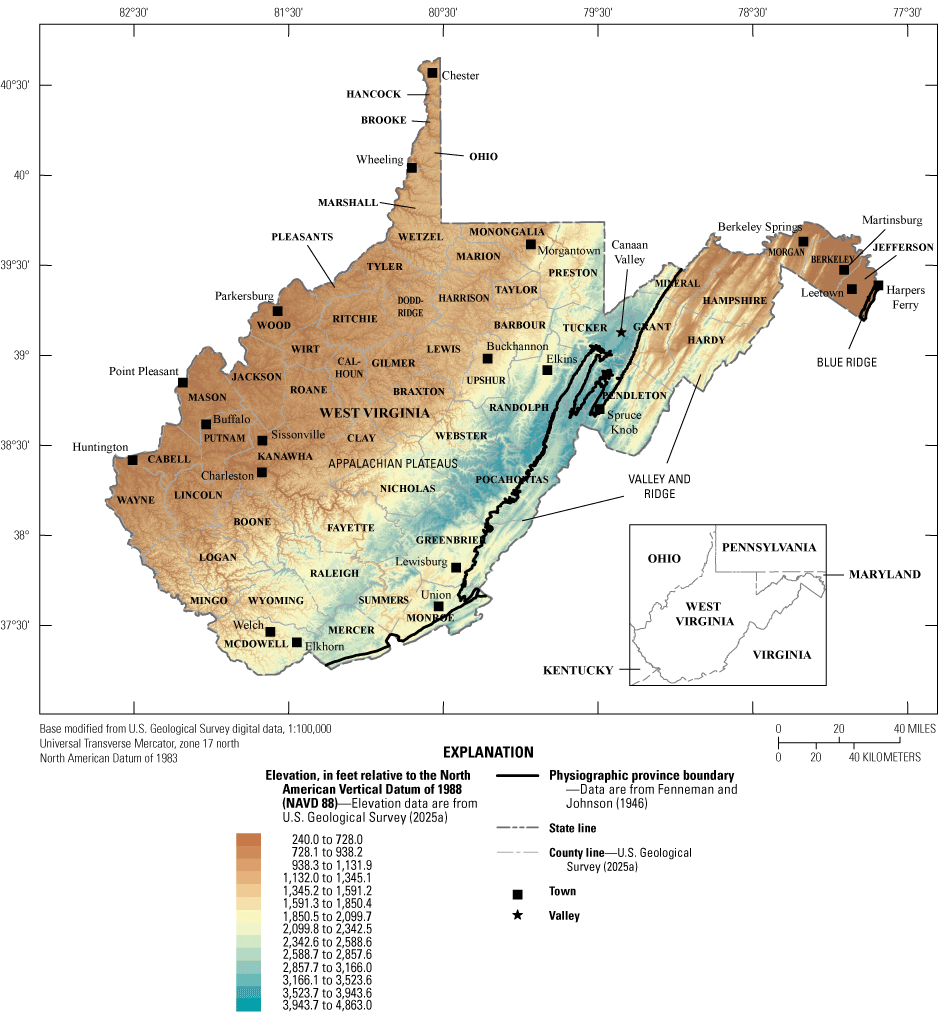 The Appalachian Plateau Province covers most of the State, and the elevation is highest
along the eastern edge.