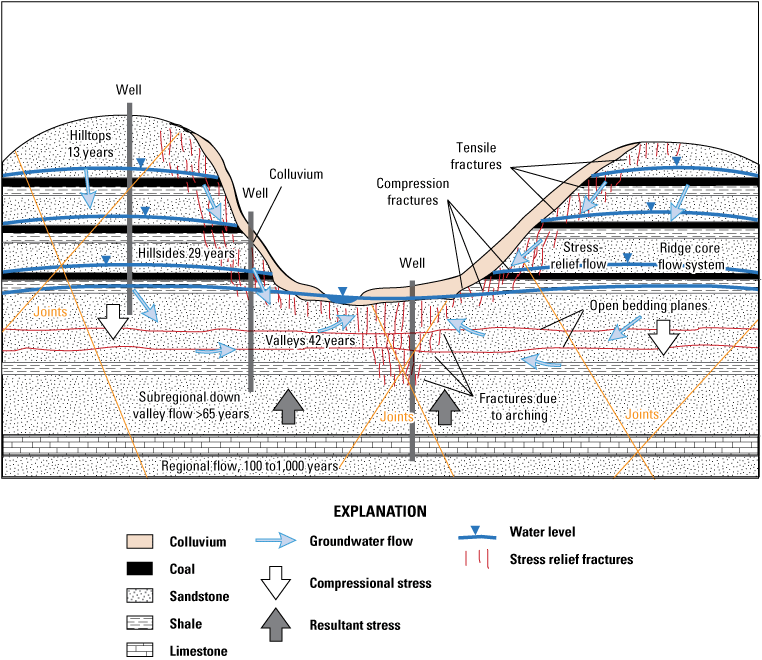 Groundwater is youngest on the hilltop, 13 years, and oldest in subregional down valley
flows, greater than 65 years.