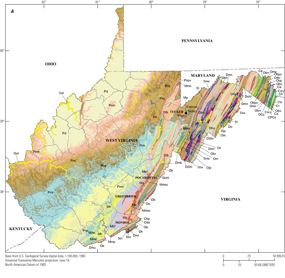 Permian or Pennsylvanian systems dominate the State. The mountains in the eastern
part have multiple, smaller formations.