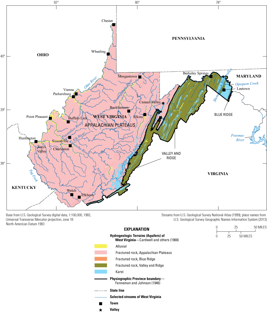 The fractured rock of the Appalachian Plateaus dominates the State. Along the eastern
part is a mix of karst and fractured rock.