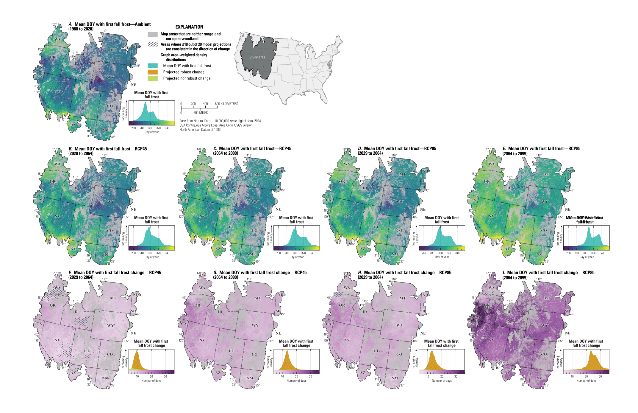 Date of first fall frost comes later under all future scenarios and changes the most
               under RCP8.5 at the end of the 21st century.