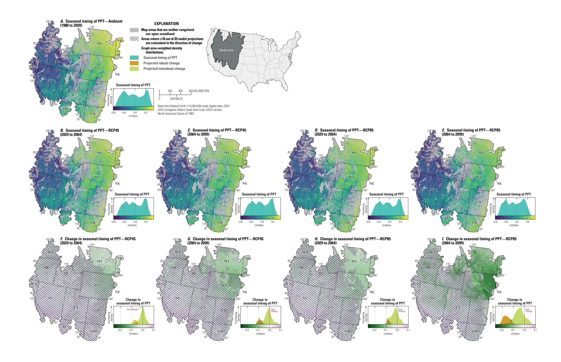 Seasonal timing of precipitation changes only slightly under future scenarios, with
               potential shifts toward warm season precipitation in the northeastern part of the
               sagebrush region.