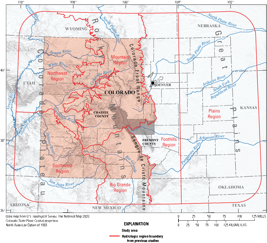 Figure 1. Boundary lines of hydrologic regions of central and western Colorado