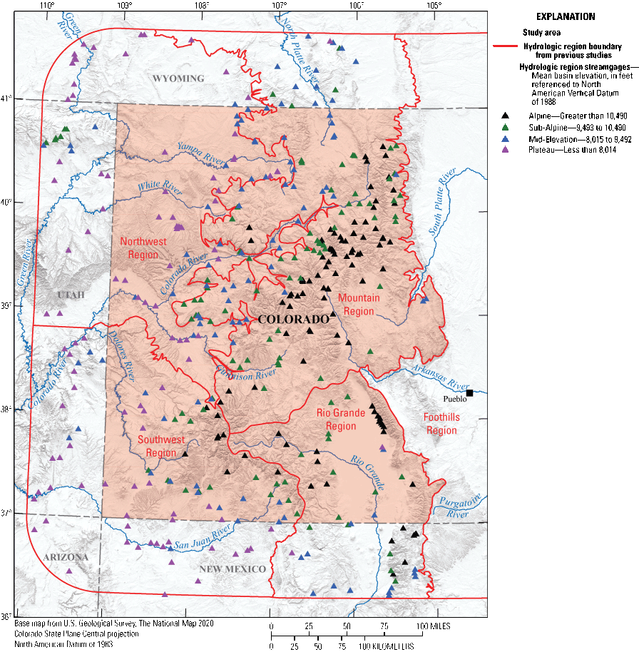 Figure 3. Hydrologic area regions and 418 streamgage locations in central and western
                        Colorado.