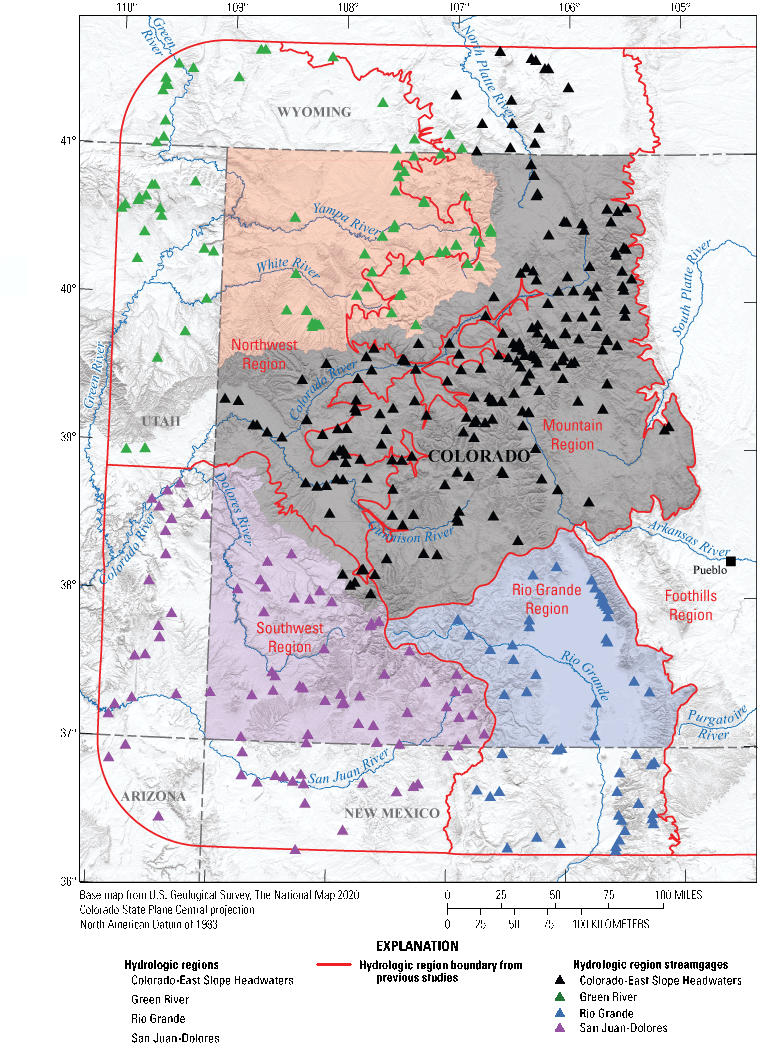 Figure 4. Updated hydrologic regions 418 streamgage locations in central and western
                        Colorrado.