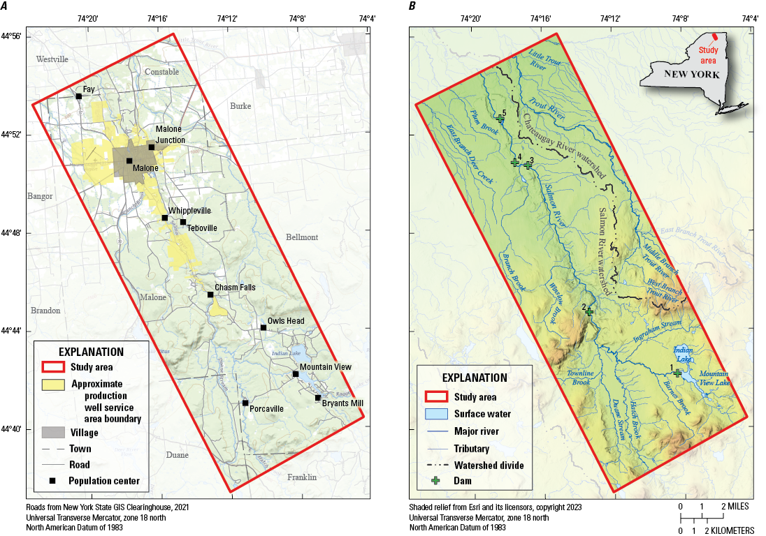 Population centers in the study area from north to south are Fay, Malone Junction,
Malone, Whippleville, Teboville, Chasm Falls, Owls Head, Mountain View, Porcaville,
and Bryants Mill. Municipal wells serve residents in the Village of Malone. The study
area is drained by two watersheds: the Salmon and Chateaugay Rivers. Within the study
area, five dams impede the Salmon River flowing northwest.