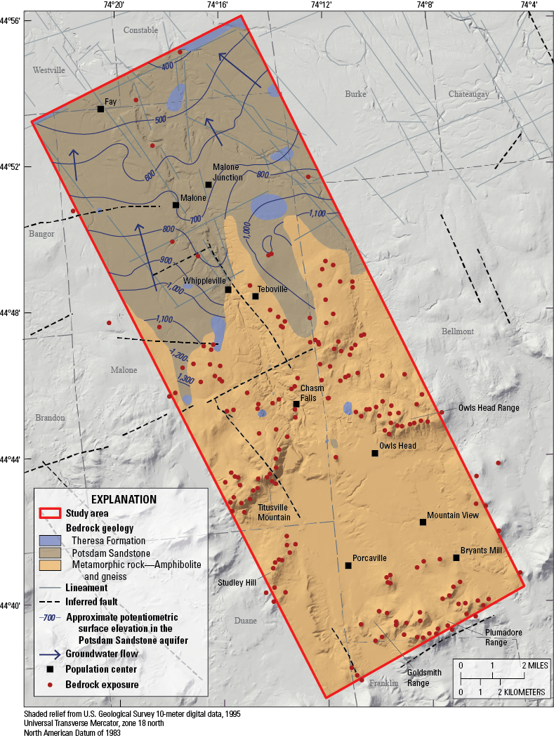 Mapped bedrock units include the Theresa Formation, Potsdam Sandstone, and metamorphic
rock such as amphibolite and gneiss. Lineaments are prevalent in the northern part
of the study area. Groundwater flow within the Potsdam Sandstone generally trends
from southeast to northwest. Bedrock exposures are prevalent in the southern half
of the study area, especially on the mountain ranges.