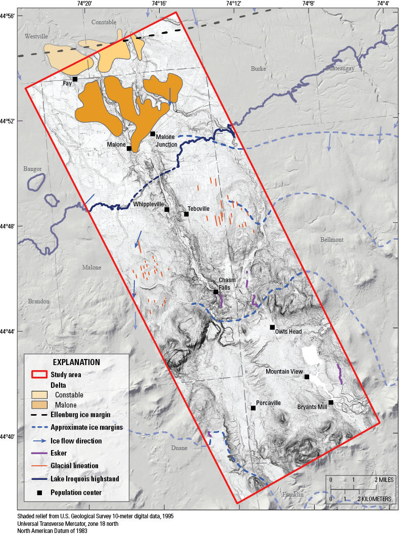 Ice margins, eskers, and glacial lineations indicate the direction of past glacial
movement trending north-south.
