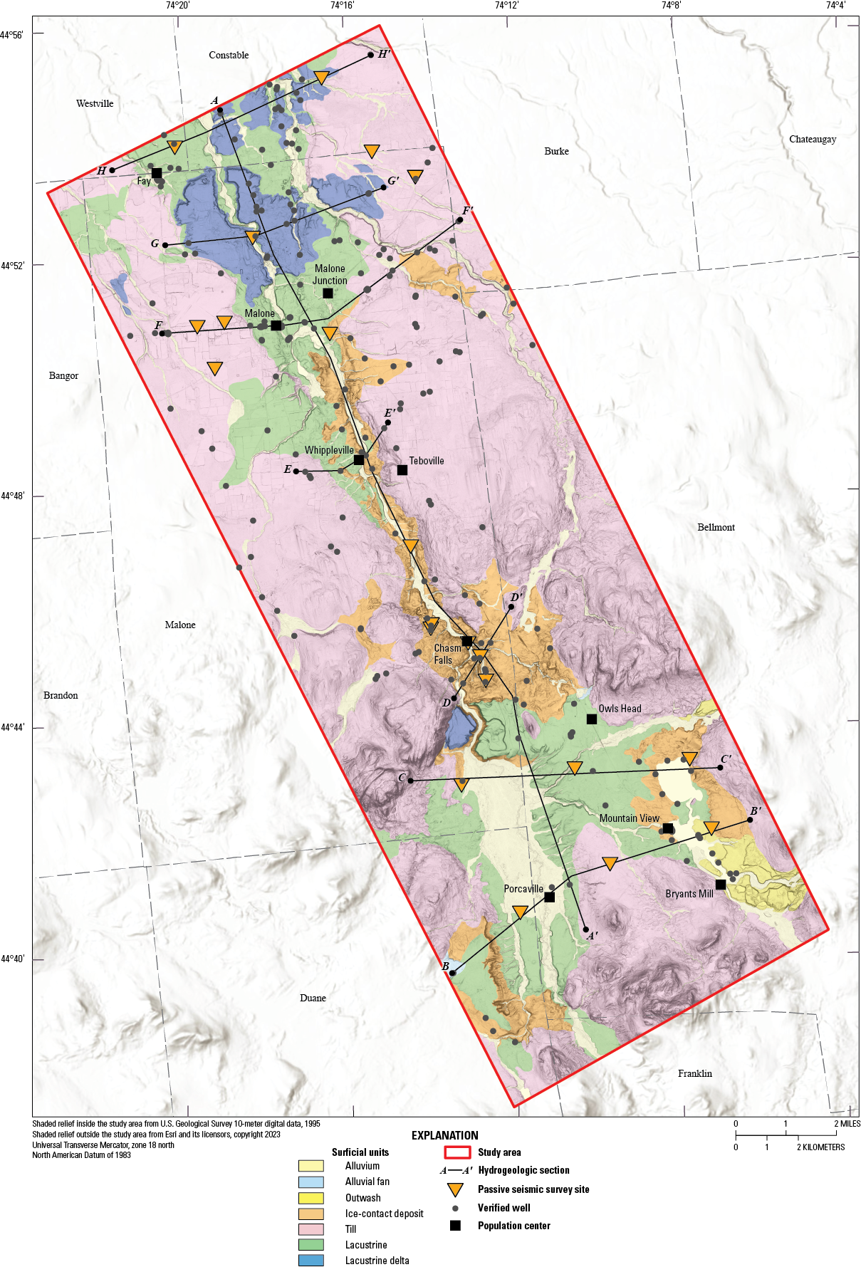 Most of the study area is covered with till, whereas the valleys and streams have
exposed alluvium, alluvial fan, outwash, ice-contact deposits, lacustrine, and lacustrine
delta deposits. The hydrogeologic cross section A–A′ follows the Salmon River valley.
Hydrogeologic cross section B–B’ through H–H′ transect the Salmon River valley and
section A–A’.