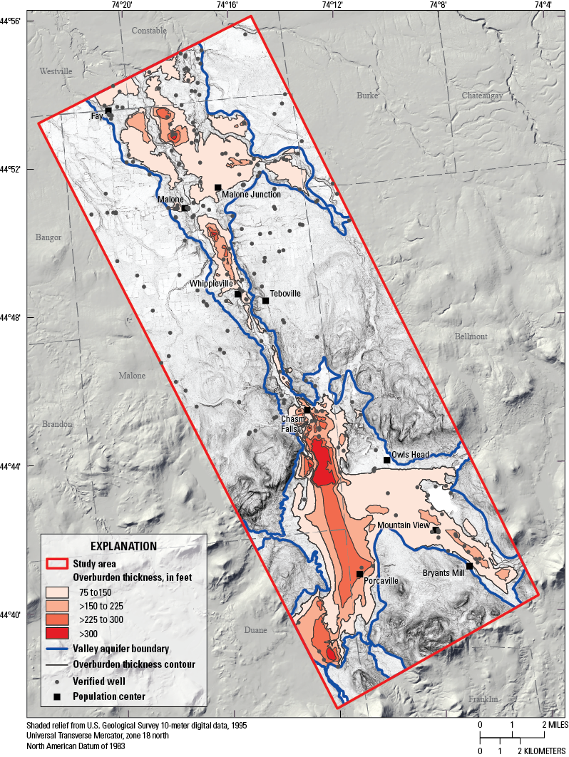 The greatest overburden thicknesses are in the valleys, ranging from less than 75
to over 300 feet. South of Chasm Falls is the greatest area extent of thickness at
least 300 feet.