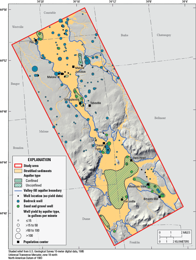 Bedrock and sand and gravel wells are located within the valley aquifer boundary,
whereas bedrock wells are the dominant well type in the uplands.