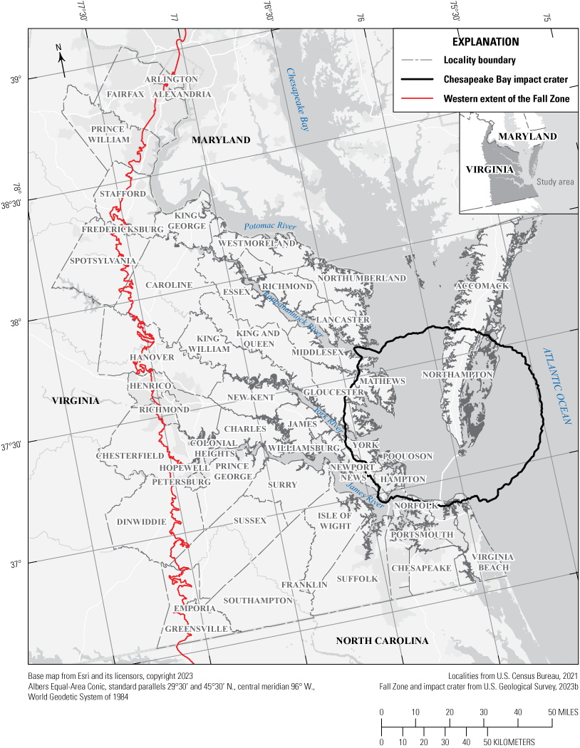 The Chesapeake impact crater encompasses the mouth of the Bay and a few miles of ocean.