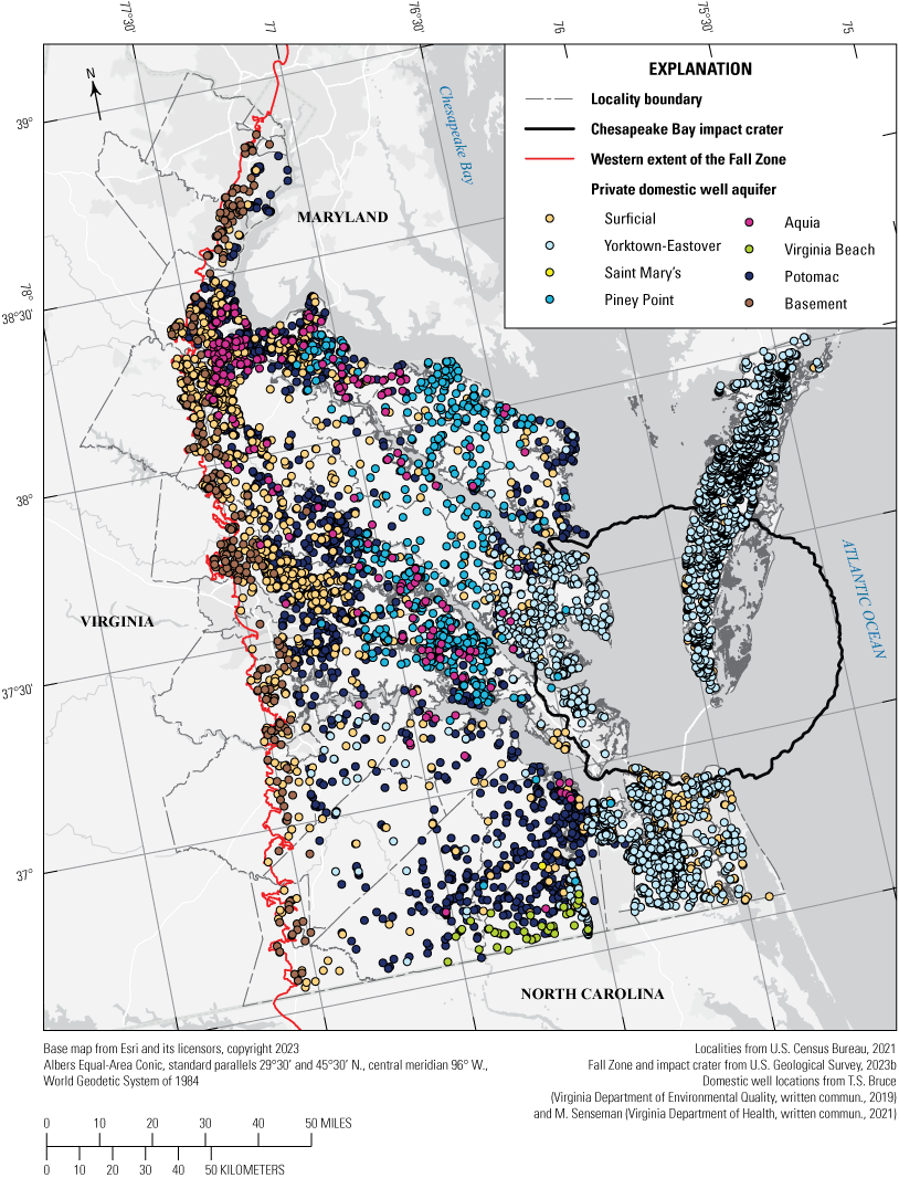 Coastal wells primarily use the Yorktown-Eastover, Piney Point, and Potomac aquifers.