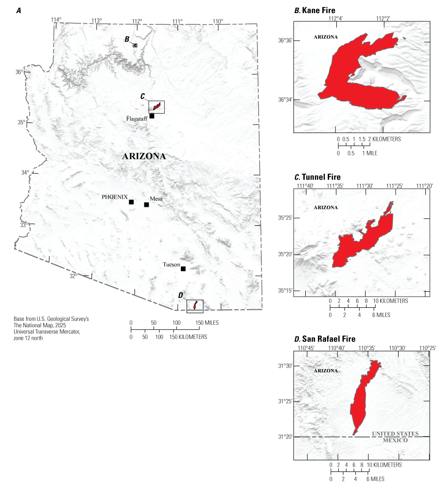 Alt text for fig. 1: The 2023 Kane and 2022 Tunnel Fires are in the northern part
of Arizona, and the 2022 San Rafael Fire is near the Mexican border.
