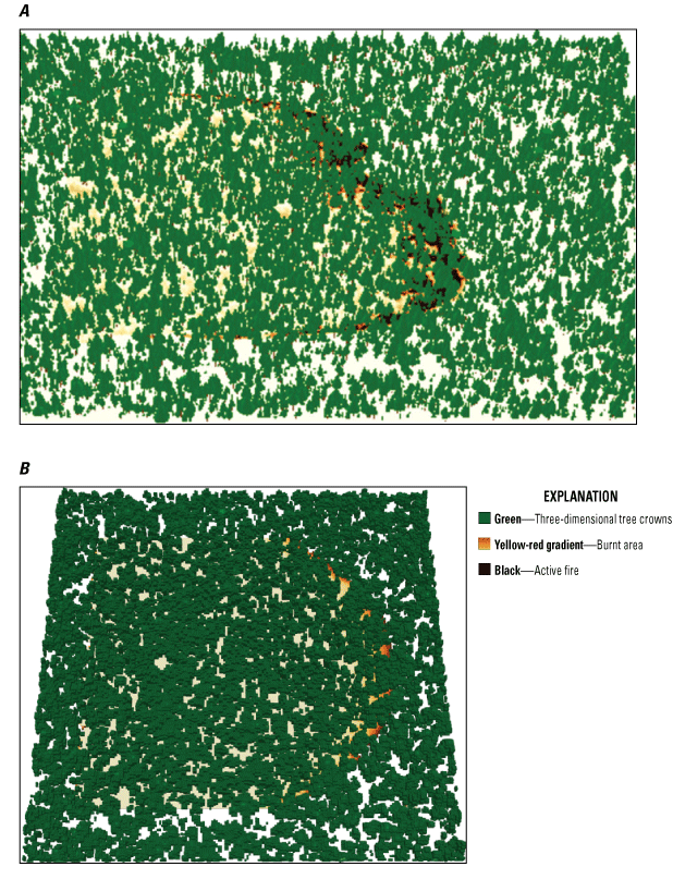 Alt text for fig. 2: Two rectangular areas have colors to represent trees, burned
areas, and areas of active fire.