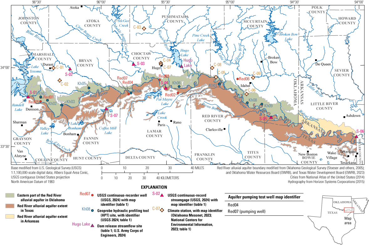 Eastern part of Red River alluvial aquifer and associated data collection sites cover
                     parts of Oklahoma, Texas, and Arkansas.