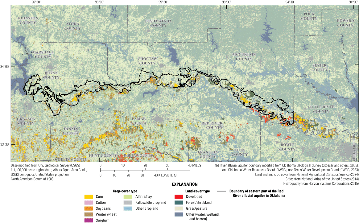 Land cover across the eastern part of the Red River alluvial aquifer in Oklahoma is
                        mostly cropland.