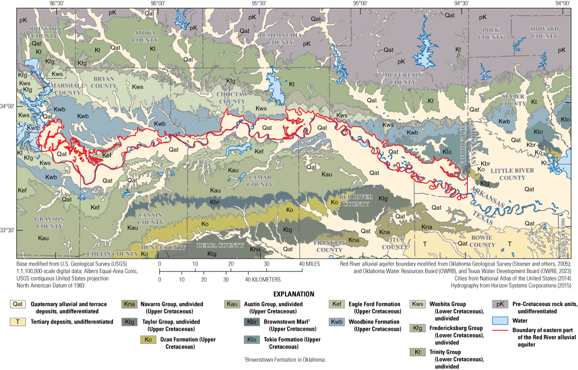 Surficial geologic units in eastern part of aquifer are primarily Quaternary alluvial
                        and terrace deposits, undifferentiated.