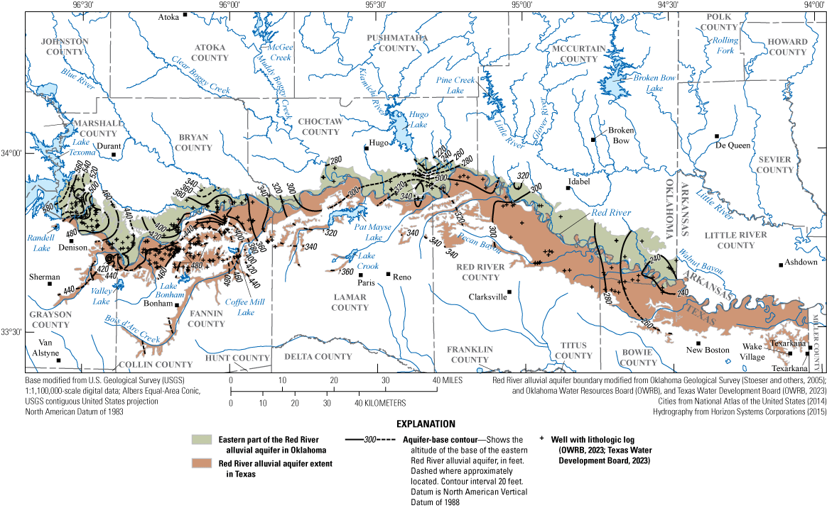 Altitudes of base of eastern part of Red River alluvial aquifer range from 240 to
                        580 feet, increasing east to west.