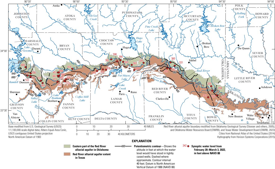 Synoptic water levels eastern part of Red River alluvial aquifer range from 278 to
                        606 feet, increasing east to west.